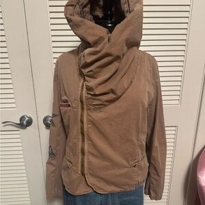 Women's Taupe Hooded Asymmetrical Zip Bomber Jacket